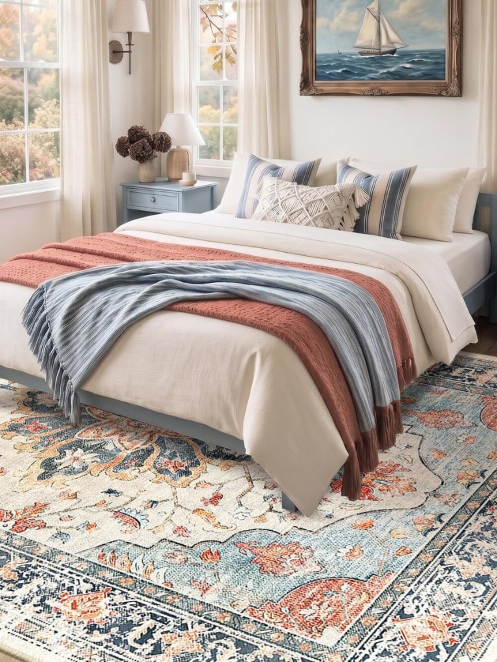 Washable Area Rug, 8'x10', Beige/Blue/Orange - Picture 2 of 8